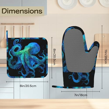 Octopus Ocean Nautical Oven Mitts and Pot Holders Sets of 4, Heat Resistant Silicone Oven Mitts Gloves Non-Slip Kitchen Mittens Potholders for Cooking Baking Grilling BBQ - color: Octopus Ocean Nautical