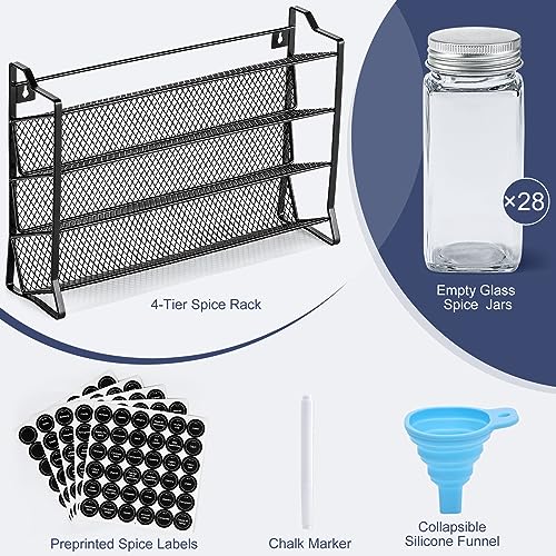 AOZITA Spice Rack Organizer with 28 Empty Spice Jars with Silver Lids, Funnel, Labels - Seasoning Organizer for Countertop, Cabinet, Kitchen, Pantry - color: Silver