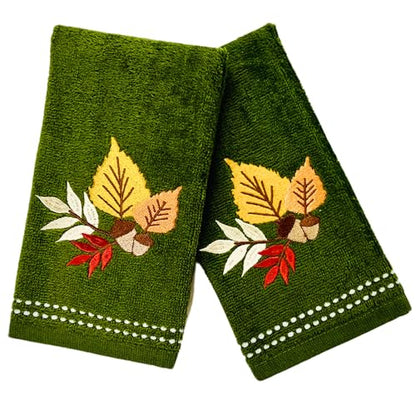 Autumn Fall Bath Fingertip Towels, Forest Olive Dark Green, 100% Cotton, Embroidered Fall Foliage Leaf Design, 2 Piece Set, 12" x 18" - color: Fall Foilage