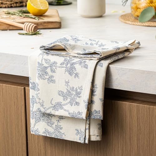 Multi-Purpose French Pastoral Tea Towels Set of 2, Blue | 100% Organic Cotton Flour Sack Kitchen Towels, 18x25in Absorbent Dish Cloths, Farmhouse Napkins, Decorative Hand Towels Set - color: Blue
