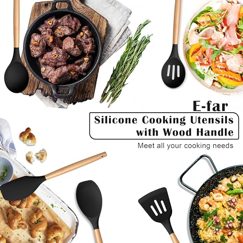 E-far Silicone Cooking Utensils Set, 5-Piece Black Kitchen Utensils Set with Wooden Handle for Cooking, Silicone Kitchen Nonstick Tools Spatula Turner Slotted Spoons, Nontoxic & Heat Resistant-Black - color: Black, size: 5