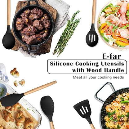 E-far Silicone Cooking Utensils Set, 5-Piece Black Kitchen Utensils Set with Wooden Handle for Cooking, Silicone Kitchen Nonstick Tools Spatula Turner Slotted Spoons, Nontoxic & Heat Resistant-Black - color: Black, size: 5