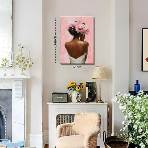 Framed modern abstract African American women's wall Art (Set 2), canvas high-definition printing, Bohemian black girl bathtub coffee fashion with pink flower on her head Black woman picture, living room, bedroom, bathroom, office decoration, 12x16 inches