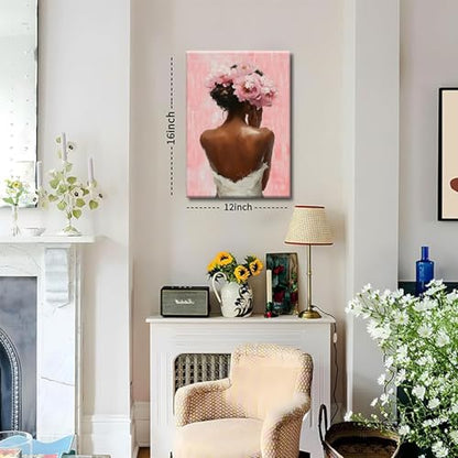 Framed modern abstract African American women's wall Art (Set 2), canvas high-definition printing, Bohemian black girl bathtub coffee fashion with pink flower on her head Black woman picture, living room, bedroom, bathroom, office decoration, 12x16 inches