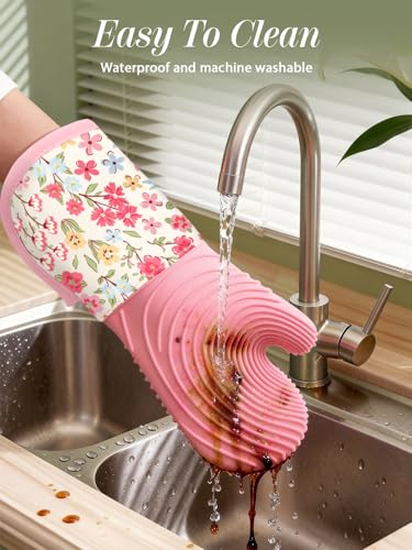Slohif Long Silicone Oven Mitts Heat Resistant for Women - 2 Pcs Pink-Green Flower 100% Cotton Oven Gloves, Non-Slip and Waterproof Silicone Oven Mitts with Hanger for Baking and Cooking - color: Pink Green Flower