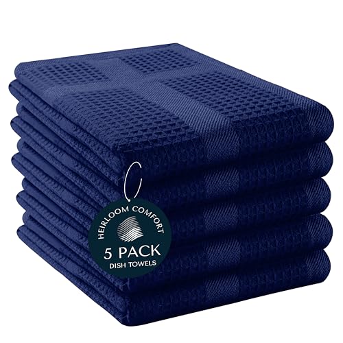 5 Pack Waffle Weave Kitchen Towels, 16x26 Inch, 100% Cotton Dishcloth Set, Super Absorbent, Fast Dry, Teal Towels, Soft Hand Towel, Dish Rags, Cleaning, Durable, Indigo Blue - color: Indigo Blue, style: 5 Pack
