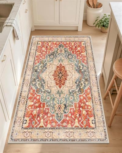 OLANLY 2x4 Washable Accent Rug Non Slip Carpet for Entryway Kitchen Bedside | Brick Red Boho Vintage Floral Medallion Farmhouse Accent Rug, Spill & Stain Resistant Low Pile, for Laundry Office Bedroom - color: Brick Red, size: 2' x 4' (Rectangular)