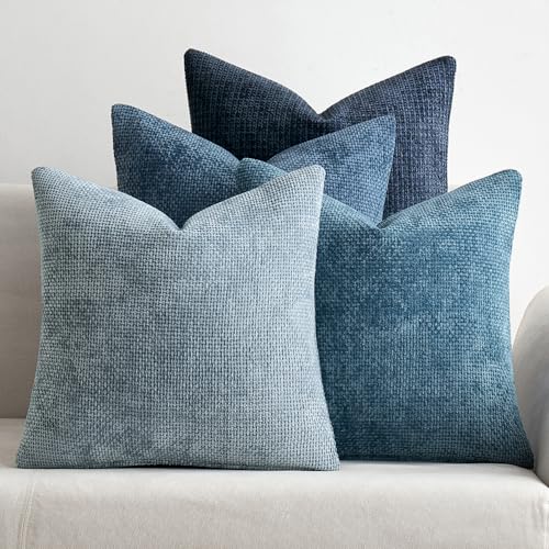 MIULEE Soft Decorative Chenille Pillow Covers Blue Series 16x16 Pack of 4 | Modern Coastal Decor, Blue Gradient Set, Couch Throw Pillows, Farmhouse Boho Cushion Covers for Sofa Bed Living Room - color: Neutral Blue, size: 16" x 16" (Pack of 4)
