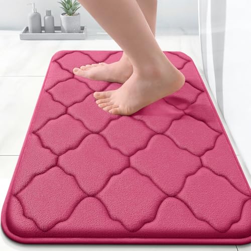 OLANLY Memory Foam Bath Mat Rug 24x16, Ultra Soft and Absorbent Bathroom Rugs, Non-Slip, Comfortable, Machine Washable Bath Carpet for Bathroom Floor, Tub, Shower and Home Decor Accessories, Deep Pink - color: Deep Pink, size: 24" X 16"
