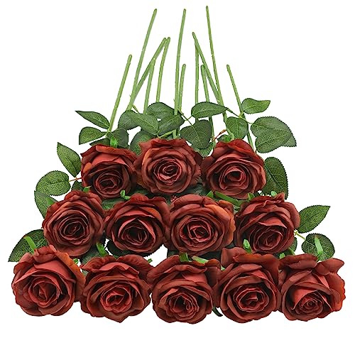 Tifuly 12Pcs Roses Realistic Long Stem Fake Silk Artificial Flowers Purple | 12 Pcs Long Stem Silk Roses, Realistic Fake Roses with Stems for Bridal Bouquets, Home and Office DIY Decor - color: Burnt Orange