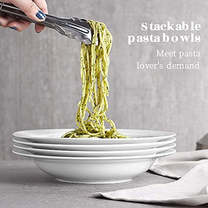 Y YHY Soup Bowls, Pasta Bowls Set of 4, White Salad Bowls and Plates, 20 Ounces Porcelain Wide Rim Bowls, Microwave and Dishwasher Safe, Christmas Gift | Porcelain, 1.75-Inch Deep, Stackable, Microwave, Oven and Dishwasher Safe, for Pasta, Soup, Salad, St