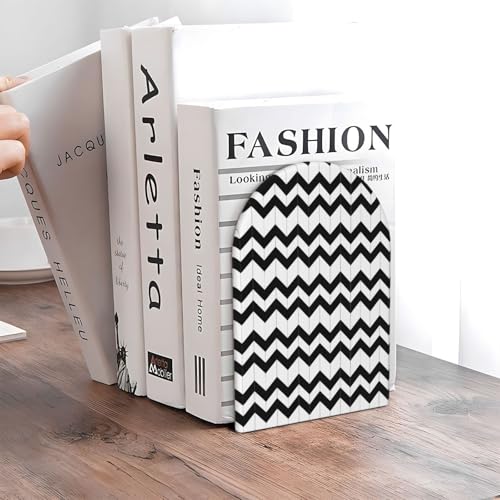 Geometric Black & White Patterns 2 Print Book Ends, 1 Pair Sturdy Wooden Bookends for Shelves Heavy Duty Non-Slip Wood Bookend for Home Office Library School Study Decoration