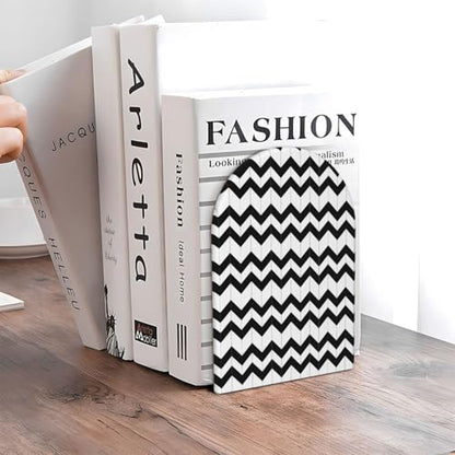 Geometric Black & White Patterns 2 Print Book Ends, 1 Pair Sturdy Wooden Bookends for Shelves Heavy Duty Non-Slip Wood Bookend for Home Office Library School Study Decoration