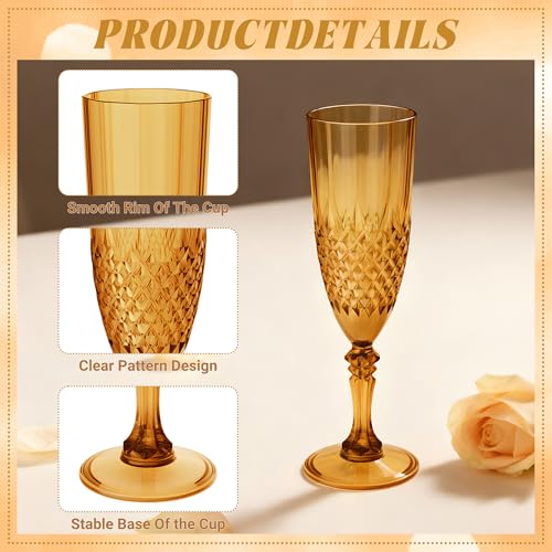 12 Pack Plastic Champagne Flutes, Amber Reusable Champagne Glass | Unbreakable Hard Plastic Mimosa Cups Bulk with Stem, Fancy Stemware for Wedding, Party & NYE Celebration - color: Amber