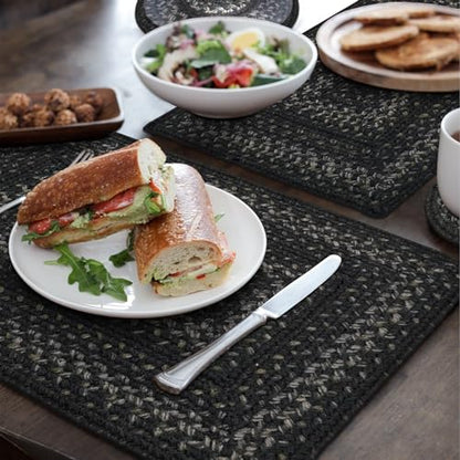 Homespice Jet Black Jute Braided Placemats, Rect 13x19 Set of 6 | Black Protects Tabletop in Style and Everyday and Holiday Table Mats, Rich Colors, Reversible, Durable and Easy to Clean - color: Jet Black