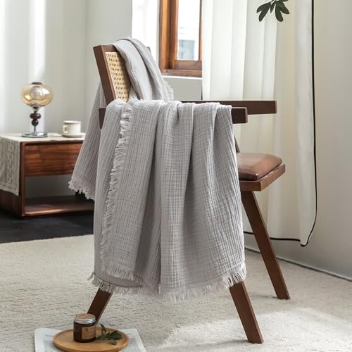 FOSSA Muslin Blanket 4-Layer 100% Cotton Gauze Blanket with Fringe 50"x60" | Super Soft Breathable Lightweight All Season & Decforative Blanket for Bed, Sofa, Office - color: Grayish, size: Throw (60" × 50")