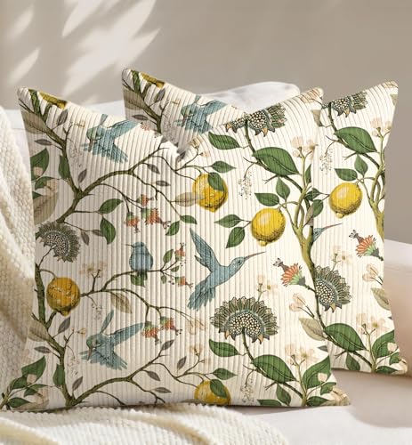 Corduroy Throw Pillow Covers 20x20 Inch - Set of 2 Decorative Summer Spring Pillow Covers with Zipper Farmhouse Decor Cottage Throw Pillowcases for Couch Sofa Living Room Bedroom, Lemon Bird - color: Lemon Bird, size: 20" x 20" (Pack of 2)