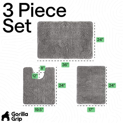 GORILLA GRIP Bathroom Rug Sets 3 Piece, Bath Mat Set and Oval Toilet Base with Rubber Backing, Plush Absorbent Shaggy Chenille Washable Mats, Includes 24x19.5, 24x17 and 36x24 Inch Rugs, Grey - color: Grey, style: 24"x19.5" + 24"x17" + 36"x24" - 3 Pack