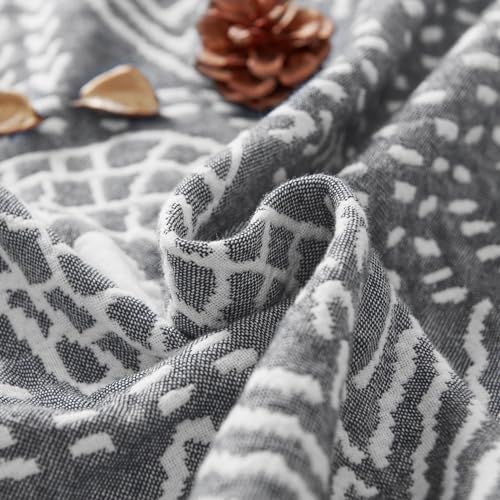 jinchan 100% Cotton Muslin Blanket Twin Boho Throw Blanket 50x60 Gray | 3-Layer, Tribal Geometric Quilt, Cooling Breathable Lightweight, for Adult, Soft, Reversible, Summer, Couch, Sofa, Bedroom - color: A. Boho Grey, size: 50"x60"