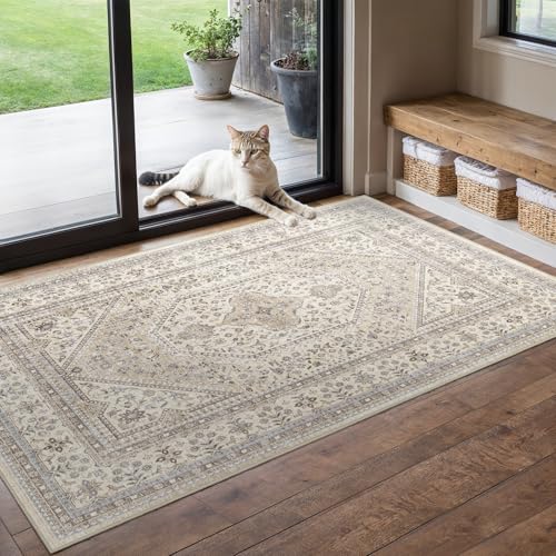 3x5 Washable Entryway Area Rug - Non-Slip Vintage Throw Rugs Beige Gray | Low Pile Thin Carpet for Entryway Soft Pet-Friendly Indoor Door Mat for Kitchen Bedroom Living Room Home Decor - color: Beige/Gray, size: 3' x 5' (Rectangular)