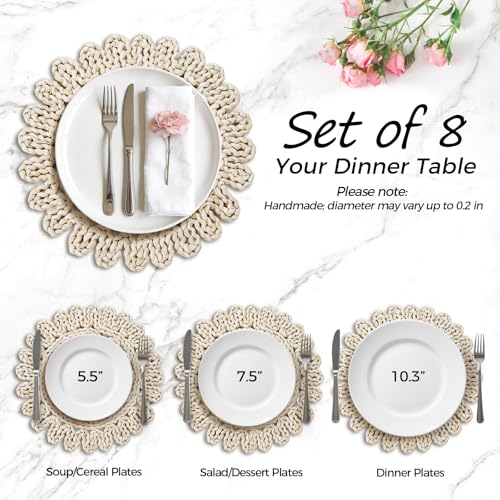 13" Round Placemats Set of 8, Corn Husk Woven Placemat, Rustic White Place Mats for Dining Table Decor, Boho Rattan Wicker Plate Chargers for Wedding Dinner Party
