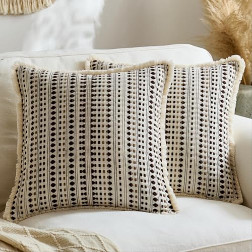 Embroidered Throw Pillow Cover Set of 2, Spring Summer Boho Farmhouse Decorative Pillow Case with Tassels, Textured Cushion Cases for Sofa Living Room Home Decor (Dark Brown, 20" x 20") - color: Dark Brown, size: 20" x 20" (Pack of 2)