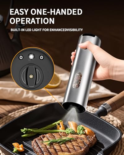 CIRCLE JOY Electric Salt and Pepper Grinder Set, Stainless Steel Rechargeable Pepper Mill Set with Charging Base, 110ML Top-Fill, Adjustable Coarseness, LED Light, One-Hand Operation, Gift Idea - color: Silver