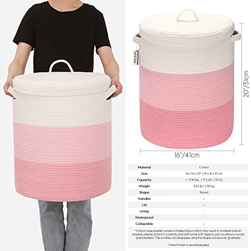 Sea Team Large Woven Cotton Rope Laundry Basket with Lid, 20 x 16 in | Collapsible Knitted Hamper with Handles, Lidded Closet Shelf Organizers for Clothing, Blankets, Toys, Bedding, Pink - color: White & Pink