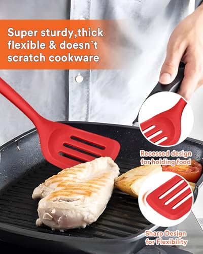 Kitchen Utensils Set, 13PCS Silicone Cooking Utensils, Heat Resistant Kitchen Utensil Spatula Set for Nonstick Cookware, Wooden Handles Kitchen Gadgets Tools Set (RED) - color: Red