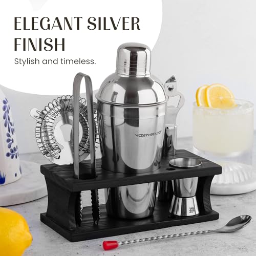 Cocktail Shaker Set - Bartender Kit with Pine Stand | Leak-Proof Design | Includes Martini Shaker, Jigger, Strainer, Spoon, Tongs | Perfect Bar Tools Gift for Home Mixology (Silver) - color: Silver / Dark Stand, size: 8 Pieces