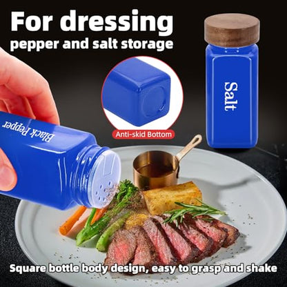 6Pcs 4 oz Square Glass Spice Jars with Label, Empty Spice Containers with Wooden Lids, Square Seasoning Containers and Supplement Set, Small Seasoning Bottles for Salt, Sugar, Pepper (Blue) - color: Blue