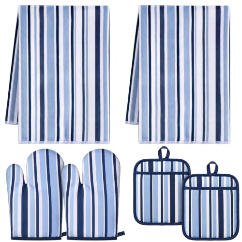 6 Pcs Navy Blue Striped Oven Mitt Pot Holder Towel Set | Stripe Kitchen Accessories Decoration Gift Farmhouse Dish Towels Heat Resistant Oven Gloves Pot Holder with Hanging Loop - color: Navy Blue