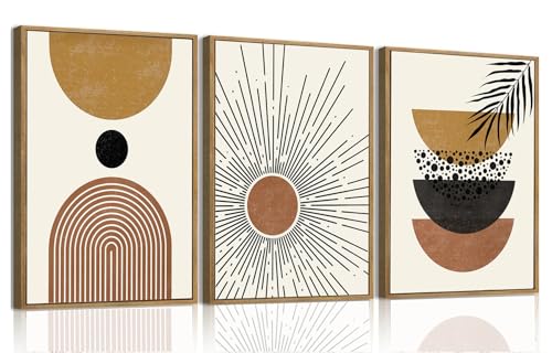 Boho Abstract Sun Framed Canvas Wall Art Set of 3, 12x16 inch | Mid Century Abstract Wall Decor, Abstract Sun Geometric Prints, Bedroom Living Room Bathroom Art - color: Boho Sun, size: 12"x16"Natural