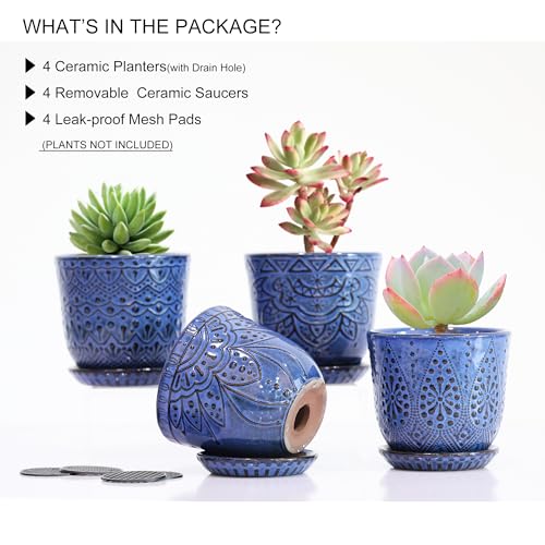Gepege Ceramic Succulent Pots, 4 Inch Small Plant Pots with Drainage | Ceramic succulent pots with drainage holes, ceramic saucers and mesh pads, set of 4, ideal for cactus and succulents - color: Blue, size: 4 Inch - Set of 4