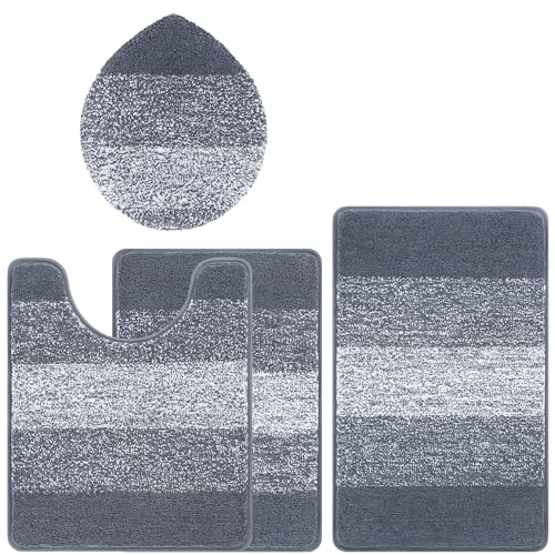 Bsmathom Bathroom Rug Set 4 Piece, Plush Microfiber Bath Mat, Dark Grey | Super Water Absorbent, Non Slip Machine Washable Bath Rug Sets with Toilet Lid Cover and U-shaped Contour Toilet Mat - color: Dark Grey, size: 18"x26"+20"x31"+U20"x24"+Cover19"x21"