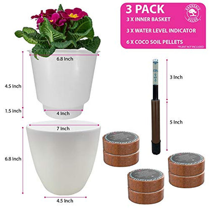 Self Watering Pots for Indoor Plants 3 Pack - Flower Pot with Water Level Indicator for Plants, Grow Tracking Tool - Self Watering Planter Plant Pot - Coco Coir - White