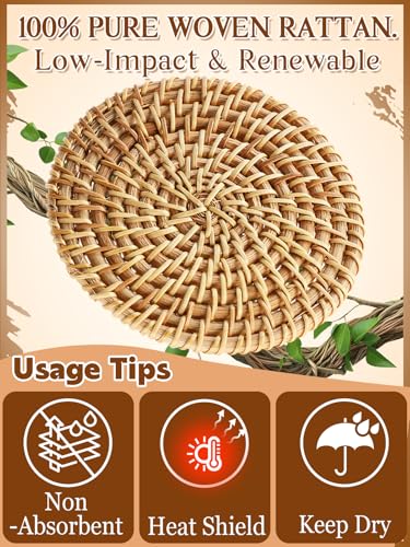 6Pcs Handmade Natural Rattan Coasters Set with Holder, Boho Coastal Decor | Farmhouse Aesthetic Drink Coasters, Home Kitchen Beach Decor, Housewarming Gifts