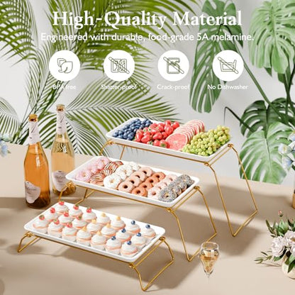 Bumusty Large 3-Tier Melamine Serving Tray Set, 17 x 8.7 in, Gold Stand | Melamine Reusable Platters with Metal Display Stand for Cupcakes, Desserts, Fruit, Cookies, Parties, Birthdays and Holidays - color: Gold, size: 17" x 8.7"