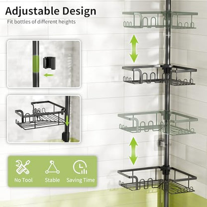 Corner Shower Caddy Tension Pole Adjustable 30.6-127.2 Inch, 4-Tier Rustproof Shower Organizer Shelf Rack, No-Drill Installation Bathroom Storage Shower Caddy Corner Pole, Black