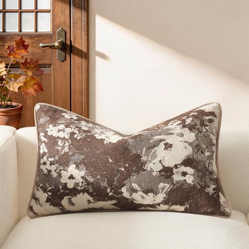 Kevin Textile Vintage Floral 12x20 Inch Lumbar Pillow Cover 1 Pack, Coffee | Soft Neutral Retro Flowers Embroidered Texture Lumbar Pillow Cover Accent Decorative Pillowcase for Couch Sofa Chair Bed - color: Floral Coffee, size: 20" x 12" (Pack of 1)