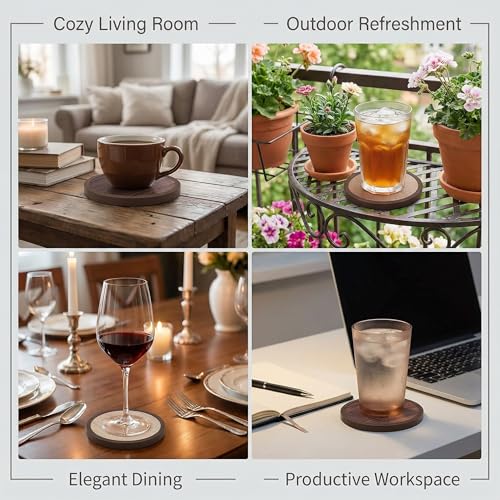 Absorbent Coasters for Drinks with Holder - 6packs, Silicone Coaster with Soft Felt Insert (4.3 inch Coasters with 4.5 inch Holder, Wooden Style) - color: Wooden Style