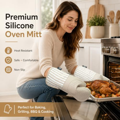 Alselo Silicone Oven Mitts Heat Resistant 932℉ with Waterproof & Non-Slip | Kitchen Mittens Set of 2,Extra Long 7.5"x15" Oven Gloves with Soft Cotton Terry Lining for Baking Cooking BBQ (Khaki,2) - color: Khaki