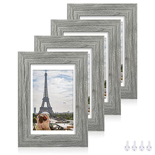 Hongkee 4x6 Picture Frame Set of 4, Made of Real Glass and Grey Wooden Frame, 4 by 6 Photo for Wall or Tabletop - Display Picture 3.5x5 with Mat or 4x6 Without Mat - color: Grey, size: 4x6 in