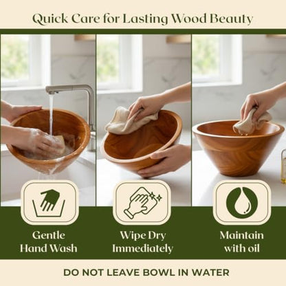 Aurah Salad Bowl, 2.3 Qt Acacia Wood Mixing & Serving Bowl, Small Size | Kitchen & Outdoor Dining Wooden Bowls for Salad, Pasta and Fruits, 8" Diameter x 4.2" Height - size: Small