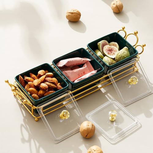 YA JU Ceramic Bowls and with Lid Gold Basket Trays, 3 Removable Small Bowls Condiment Trays Nut Serving Set for Snacks, Fruits, Candy and Condiments - Great for Parties, Green - color: Green 3- Grid Crown Tray