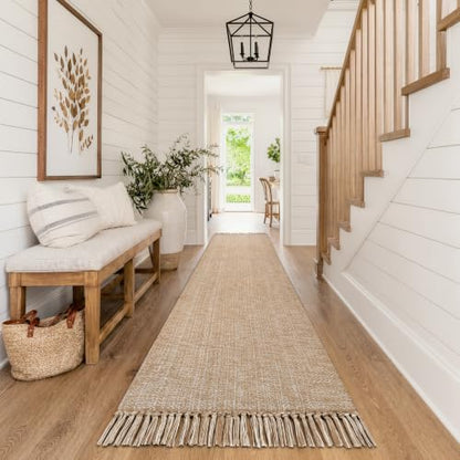 Long Entry Hall Runner Rug, 2.6x14 ft Kitchen Carpet | Washable Boho Bedroom Rug, Tan Modern Farmhouse Braided Woven Cotton Carpets Runners for Bedside, Entry - color: Tan/Cream, size: 2.6' x 14' (Rectangular)