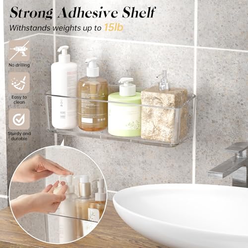 PAVSTINE 2 Pcs Clear Shower Shelf, Large Bathroom Wall Mounted Shower Caddy | No Drill Self Adhesive Bathroom Organizer with Self Adhesive Tape - size: Large-tall-2 Pack