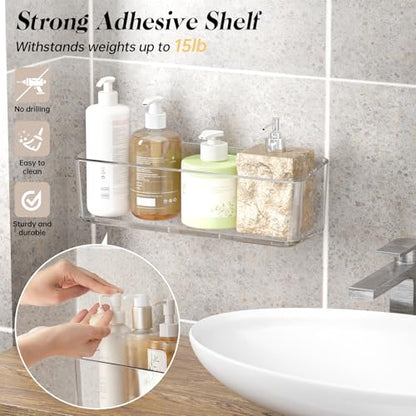 PAVSTINE 2 Pcs Clear Shower Shelf, Large Bathroom Wall Mounted Shower Caddy | No Drill Self Adhesive Bathroom Organizer with Self Adhesive Tape - size: Large-tall-2 Pack