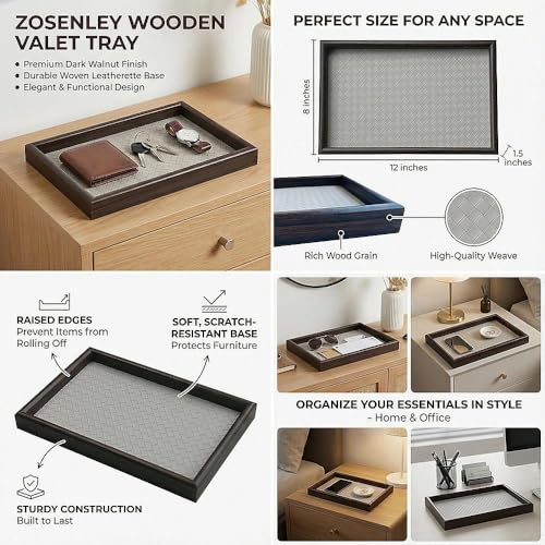 Wooden Valet Tray with Leather Base - Nightstand Catchall Organizer for Cologne, Perfume, Keys, Wallet, Phone, Watch, Jewelry & Sunglasses (Llight Gray) - color: Llight Gray