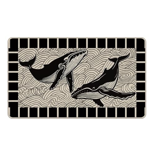 Vintage Black Whale Welcome Front Door Mat, Retro Beach Coastal | Ocean Sea Wave Decorative Doormat Non-Slip Floor Entryway Rug, Nautical Low Profile Indoor Outdoor Home Kitchen Decor - color: Whale